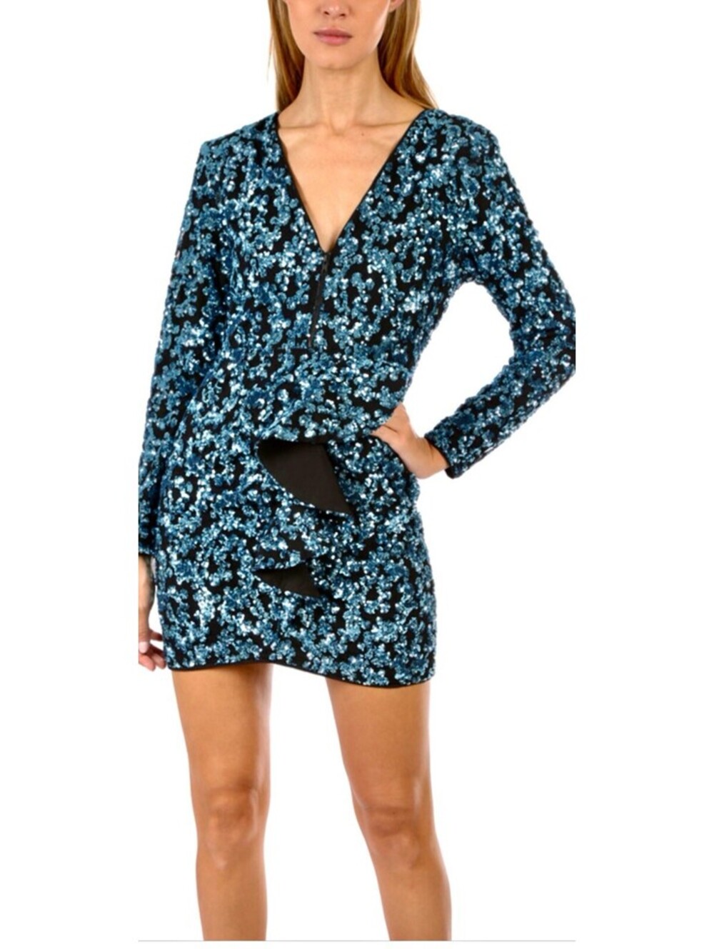 Self-Portrait Zip Front Sequin Frill Mini Dress Blue Size 0 USA